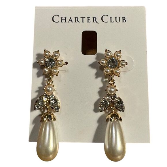 NWT Charter Club Gold-Tone Crystal & Imitation Pearl Flower Drop Earrings - Picture 2 of 3